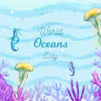 Vector gratuito acuarela vida submarina día mundial del océano