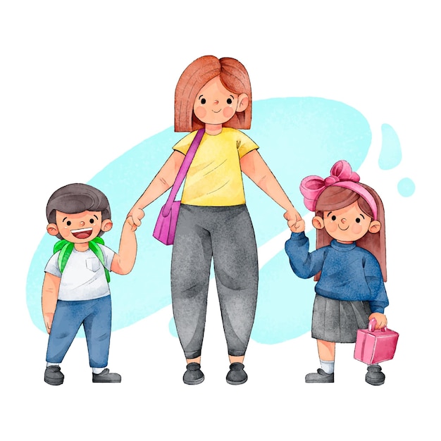 Acuarelas niños regreso a la escuela con la ilustración de los padres