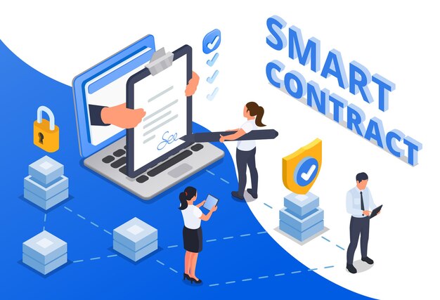 Acuerdo de contrato inteligente firma electrónica composición isométrica con gente de negocios y gadgets ilustración vectorial