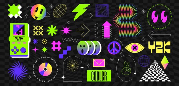 Adhesivos antiguos, marcos y diseño gráfico de formas de brutalismo geométrico