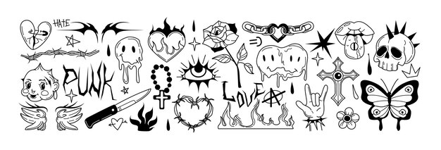 Adhesivos de arte de tatuaje Y2K en estilo graffiti dibujado a mano cadena gótica negra llama de corazón ardiente