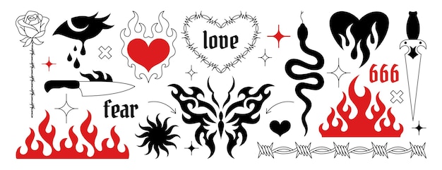 Adhesivos de tatuaje gótico neo tribal adornos negros y rojos en el estilo emo de moda