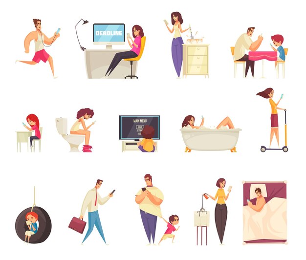 Adicción a los gadgets conjunto de personas que usan teléfonos inteligentes para comunicarse leer noticias en línea jugar juegos interiores y exteriores ilustración vectorial aislada