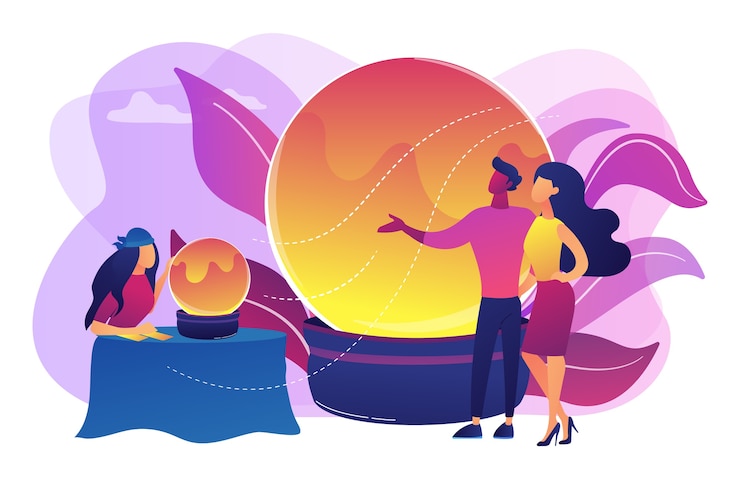 Vector gratuito adivinación mágica y cartomancia. adivino gitano, profeta con clientes. adivinación, adivino en línea, concepto de servicios de lectura de tarot. ilustración aislada violeta vibrante brillante