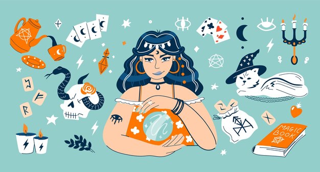 Adivino personaje femenino oriental con bola de cristal que dice la ilustración de vector de composición plana futura