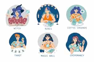 Vector gratuito adivinos de belleza con runas posos de café tarot bola mágica composiciones aisladas ilustración vectorial plana