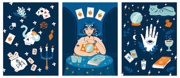 Vector gratuito adivinos tarjetas planas con libro mágico runas bola de cristal tarot velas accesorios vector ilustración