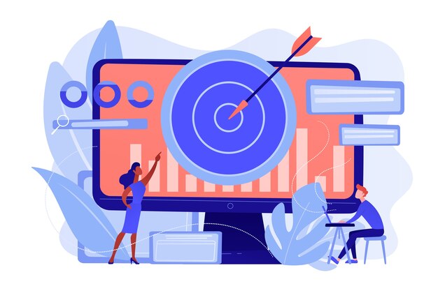 El administrador de remarketing y el especialista ponen anuncios dirigidos. Estrategia de remarketing, herramienta de marketing digital, concepto de metodología de generación de visitantes. Ilustración aislada de bluevector coral rosado