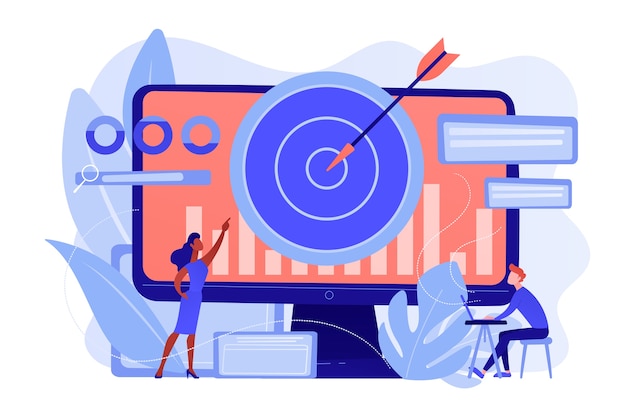 El administrador de remarketing y el especialista ponen anuncios dirigidos. Estrategia de remarketing, herramienta de marketing digital, concepto de metodología de generación de visitantes. Ilustración aislada de bluevector coral rosado