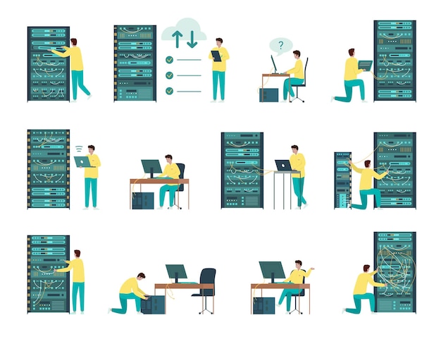 Administrador del sistema conjunto de colores planos de iconos aislados con personas en racks de servidores y pictogramas de datos ilustración vectorial