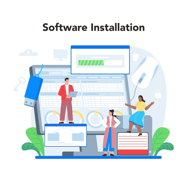 Administrador del sistema trabajo técnico con instalación de software de servidor configuración de sistemas informáticos y redes ilustración vectorial plana