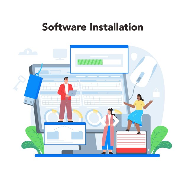 Administrador del sistema Trabajo técnico con instalación de software de servidor Configuración de sistemas informáticos y redes Ilustración vectorial plana