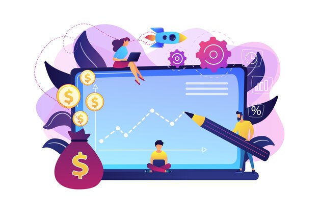 Los administradores de inversiones con computadoras portátiles ofrecen mejores rendimientos y gestión de riesgos. Fondo de inversión, oportunidades de inversión, concepto de apalancamiento de fondos de cobertura. Ilustración aislada violeta vibrante brillante