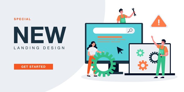 Administradores solucionando problemas informáticos. Pequeño trabajador masculino del servicio de reparación con ilustración vectorial plana de llave inglesa. Mantenimiento, soporte técnico del concepto de PC para banner, diseño de sitios web o página web de destino