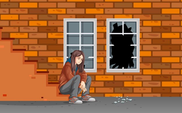 Adolescente deprimido sentado en la escalera con una ventana rota
