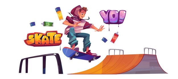 Adolescente en skate park o rollerdrome realizar acrobacias de salto en patineta en la rampa de cuarto de tubo. Deporte extremo, graffiti, cultura urbana juvenil y actividad adolescente en la calle, ilustración vectorial de dibujos animados, ilustración de conjunto