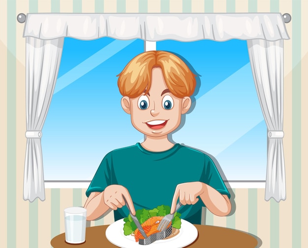 adolescente, tener comida, en la mesa
