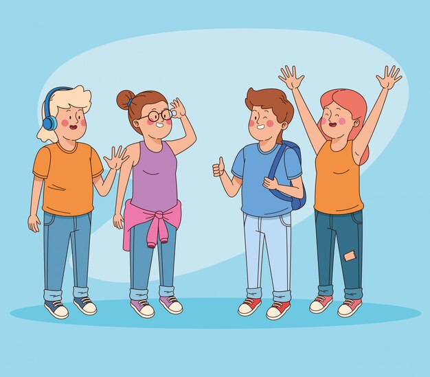Adolescentes amigos divirtiéndose caricaturas