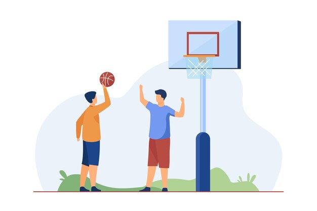Adolescentes jugando baloncesto en la calle. Bola, niño, amigo ilustración vectorial plana. Juego deportivo y concepto de actividad de verano.