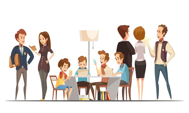 Adolescentes sentados con computadoras portátiles y teléfonos inteligentes en la ilustración de dibujos animados retro del centro educativo de medios de comunicación, ilustración vectorial