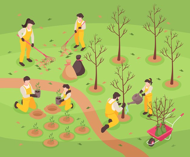 Los adolescentes trabajan en el parque regando árboles y plantas de semillas ilustración vectorial isométrica