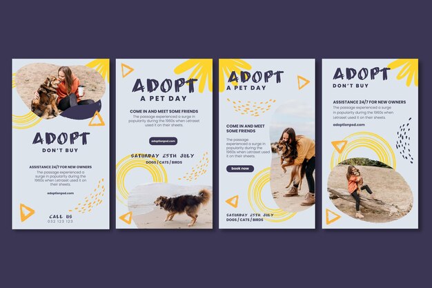 Vector gratuito adopta una colección de historias de instagram de mascotas