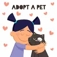 Vector gratuito adopta una mascota con niña y gato