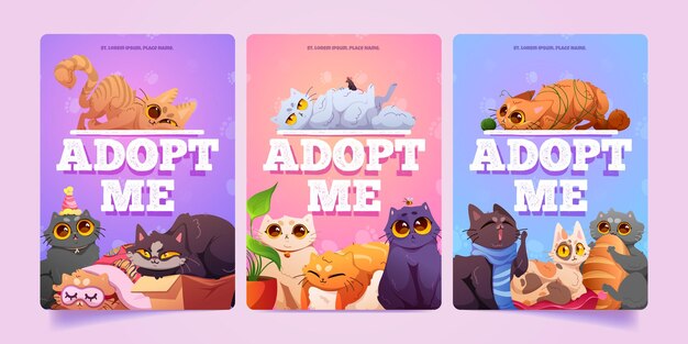 Adoptame carteles con lindos gatos sin hogar