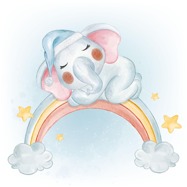 Vector gratuito adorable bebé elefante durmiendo en la acuarela del arco iris