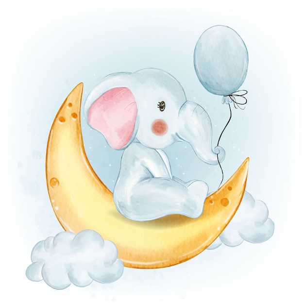 Vector gratuito adorable bebé elefante con globo en la media luna acuarela