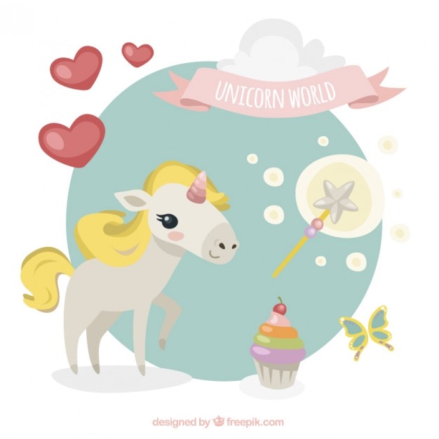 Vector gratuito adorable y bonito unicornio con elementos