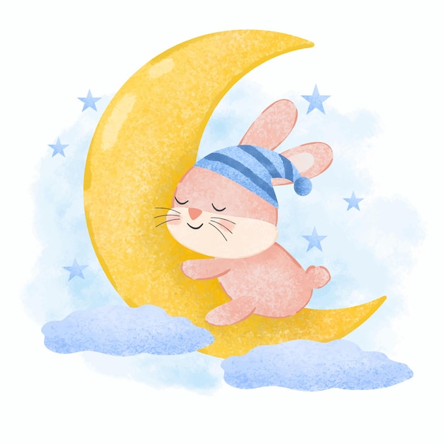 Adorable conejo duerme en la luna en pintura de acuarela