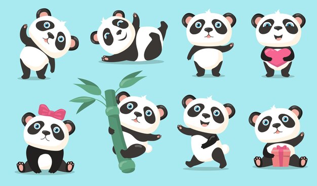 Adorable conjunto de panda. Bebé de oso chino de dibujos animados lindo saludando, sosteniendo un corazón o un regalo, colgando del tallo de bambú, bailando y divirtiéndose. Ilustración de vector de animales, naturaleza, concepto de vida silvestre