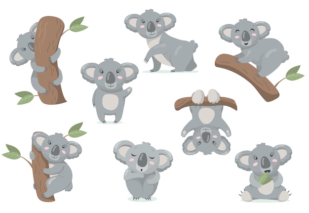 Adorable conjunto plano de bebé koala. ilustración de dibujos animados