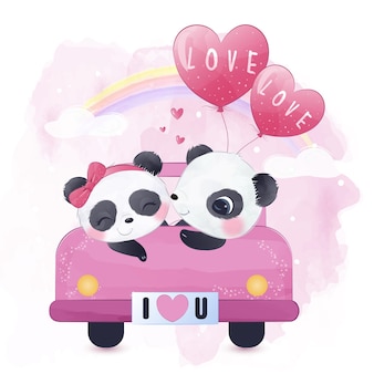 Adorable ilustración de pareja de panda para decoración de san valentín