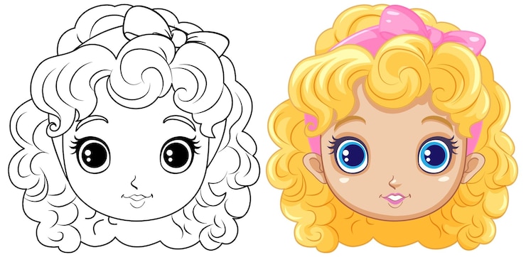 Vector gratuito adorable niña con contorno de pelo rizado para colorear
