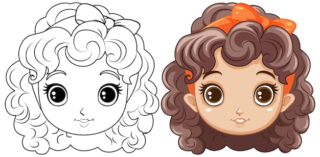 Vector gratuito adorable niña con contorno de pelo rizado para colorear