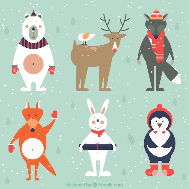 Vector gratuito adorable pack de animales vestidos de invierno