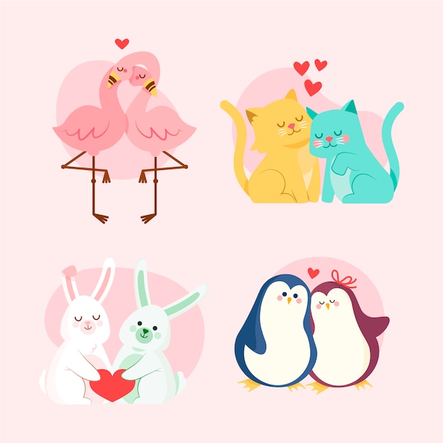 Adorable paquete de pareja de animales de san valentín