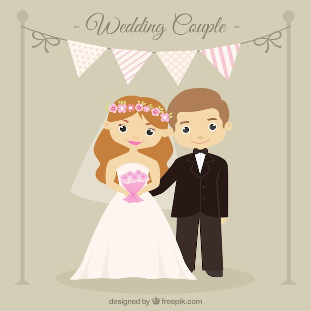 Vector gratuito adorable pareja de boda con una guirnalda