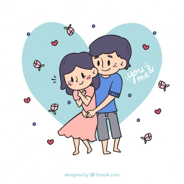 Vector gratuito adorable pareja dibujada a mano enamorada con flores