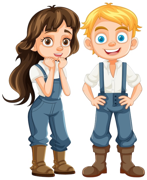 Vector gratuito adorable pareja de granjeros en denmark overalls personajes de dibujos animados