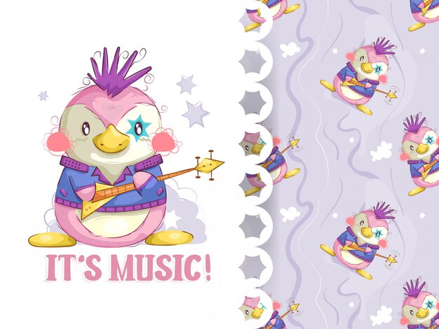 Adorable Pinguino Rockero Y Patron De Fondo Vector Premium