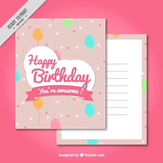 Adorable tarjeta de cumpleaños con globos de colores dibujados a mano