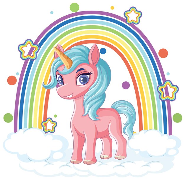 Adorable unicornio de dibujos animados con arco iris