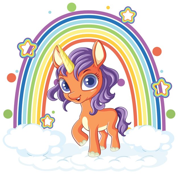 Adorable unicornio de dibujos animados con arco iris