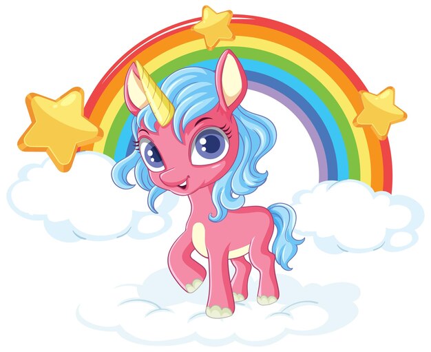 Adorable unicornio de dibujos animados con arco iris