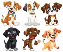 Vector gratuito adorable variedad de cachorros de dibujos animados