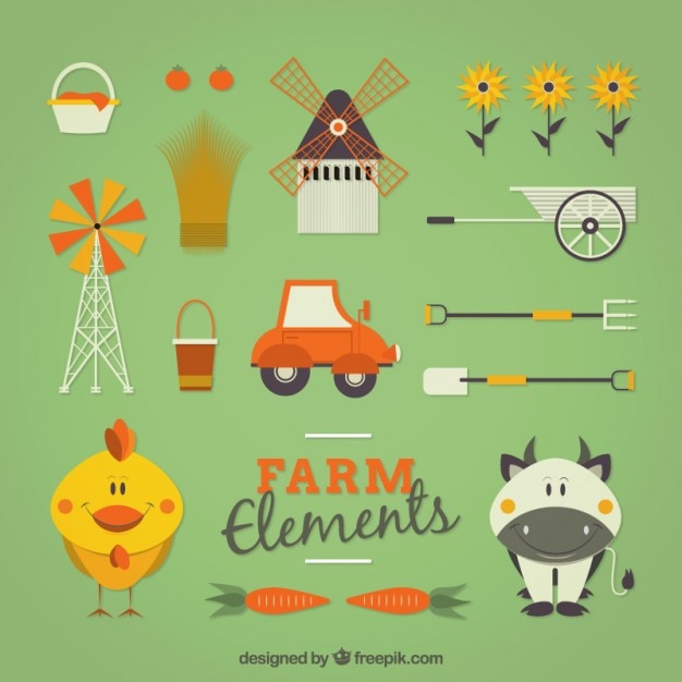 Adorables animales de granja con elementos en diseño plano