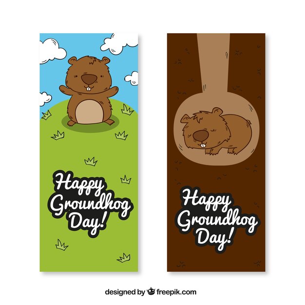 Adorables banners del día de la marmota dibujados a mano 